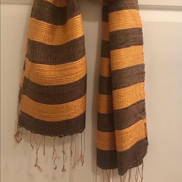 Handcrafted Thai Silk Scarf with Nubby Weave in Gold & Dark Brown - Picture 3 of 9